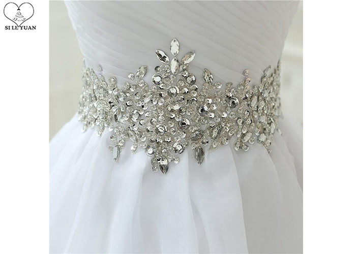 Pleating Chiffon Pure White Wedding Dress / Strapless Ball Gown Beading Belt