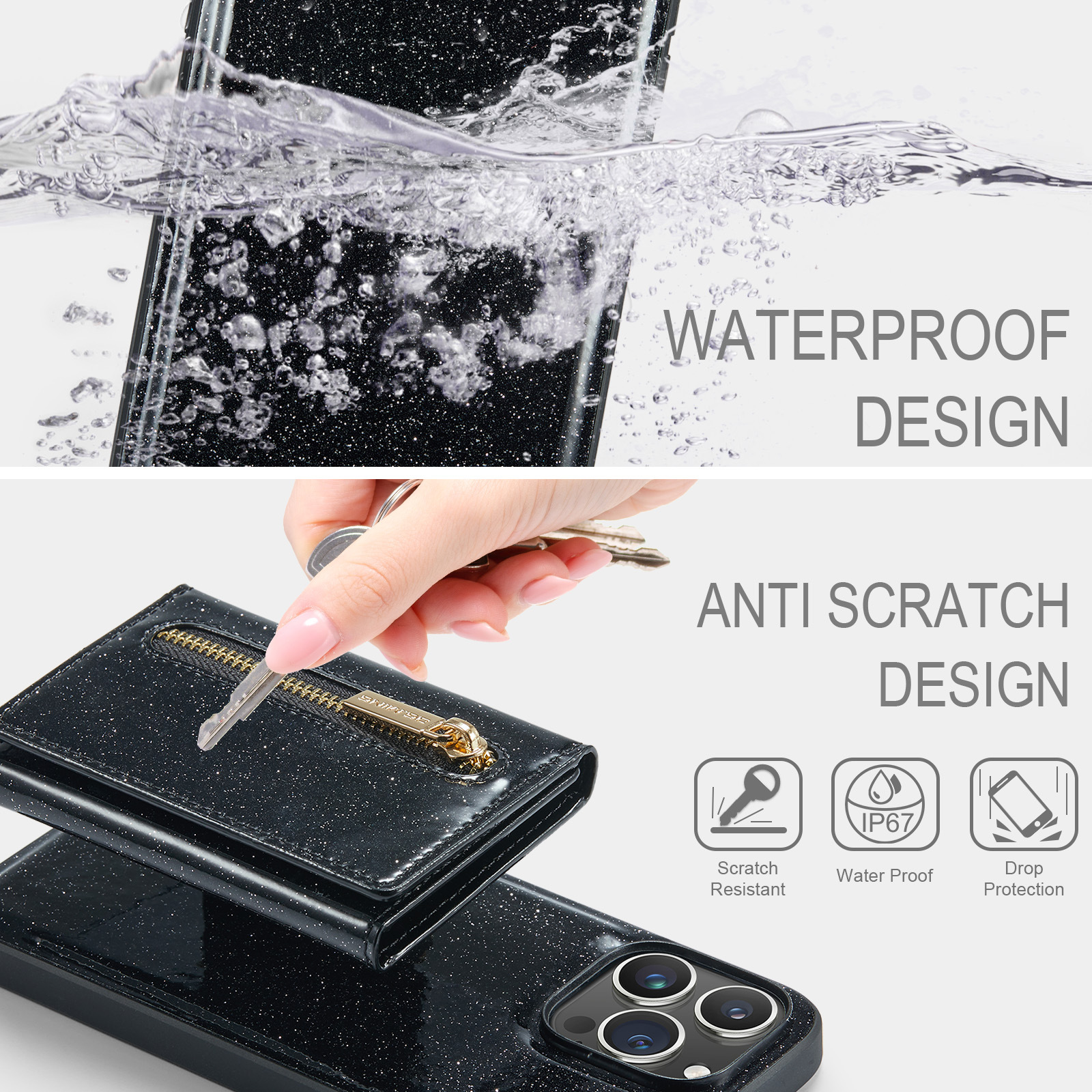 For IPhone15 Pro Max Flash Wallet Protector PU Mobile Cover IP14 Pro 2 in 1 Magnetic Cell Phone case