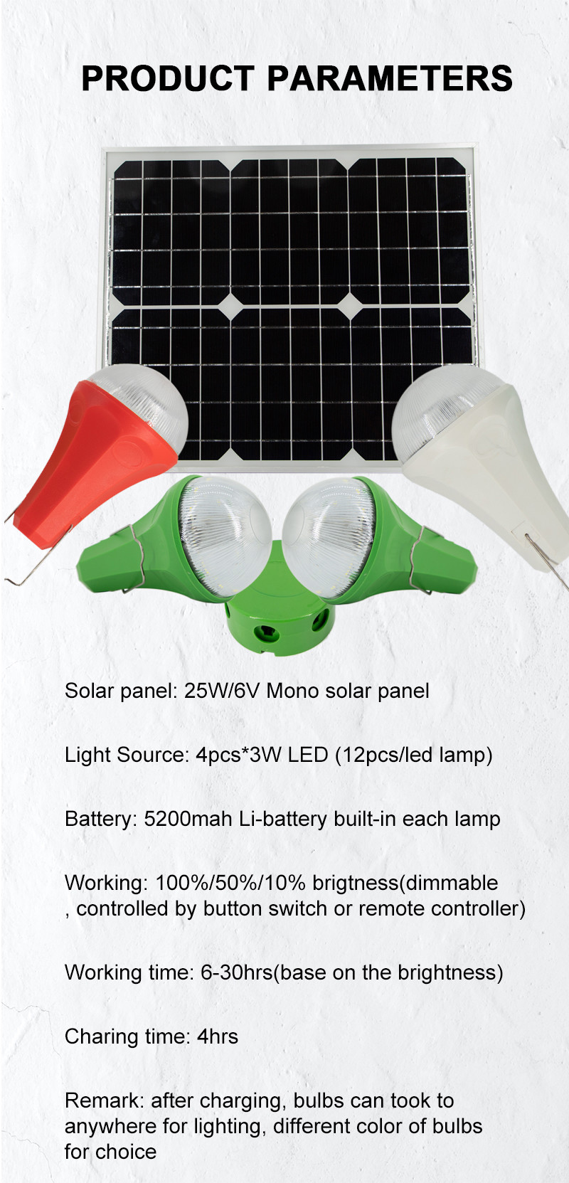 4PCS Solar Powered Light With Switch And 25W Mono Solar Panel For Outdoor