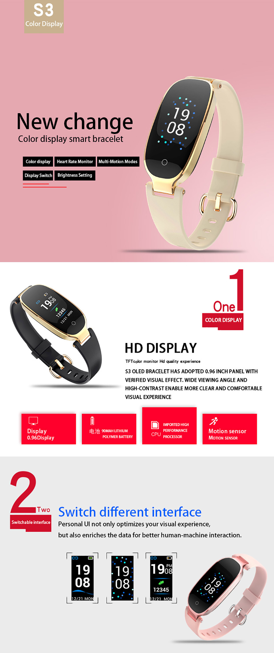ROHS 0.96 Inch Womens Fitness Smartwatch TFT Smart Bracelet Heart Rate Blood Pressure