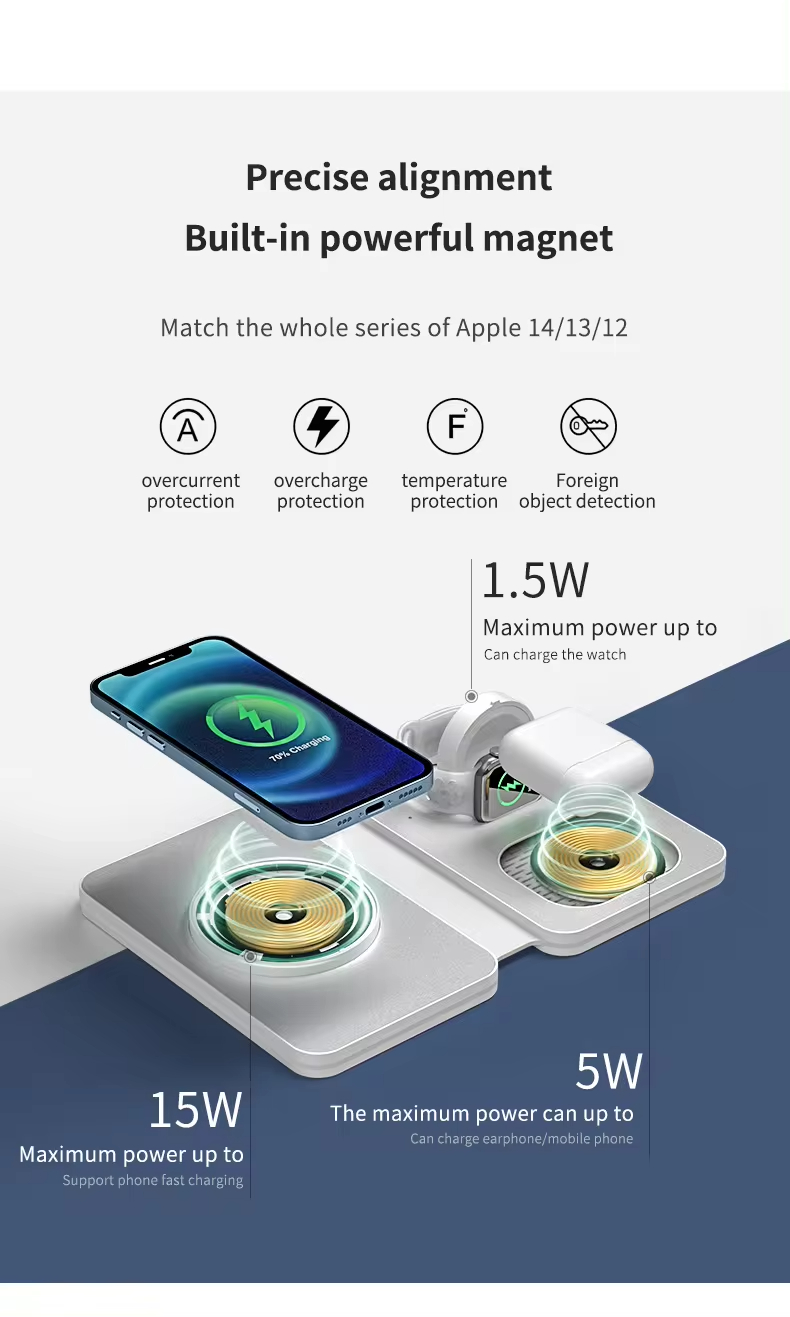 3 in 1 Wireless Charger Station for Mobile Phone , Foldable 15W Magnetic Charger 2024