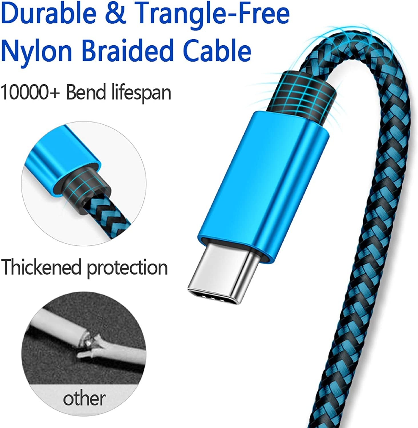 Nylon Braided Straight USB Cable 3m 10ft Type C Fast Charging