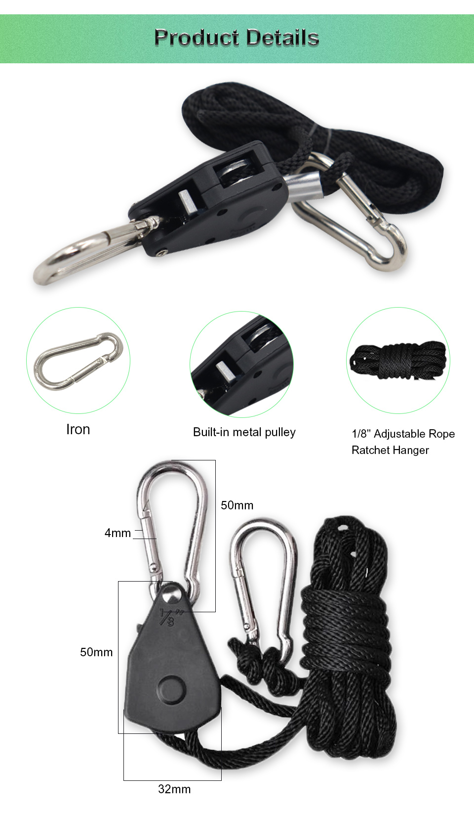 Black Adjustable Grow Light Metal Rope Ratchet Pulley For Greenhouse Indoor Plant