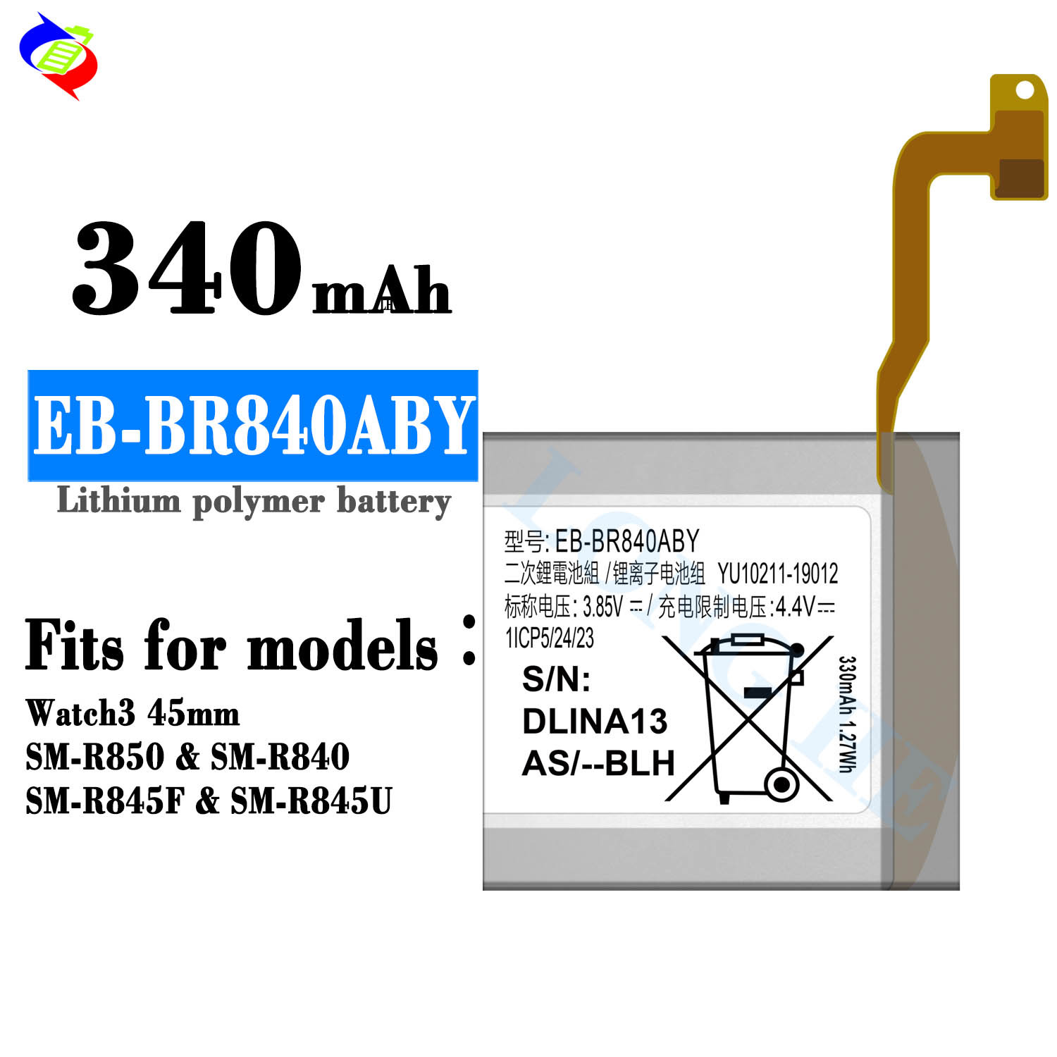 Original Replacement Battery EB-BR840ABY For Samsung Watch3 SM-R840 Watch3 Version Authentic Rechargeable Watch Battery 340mAh