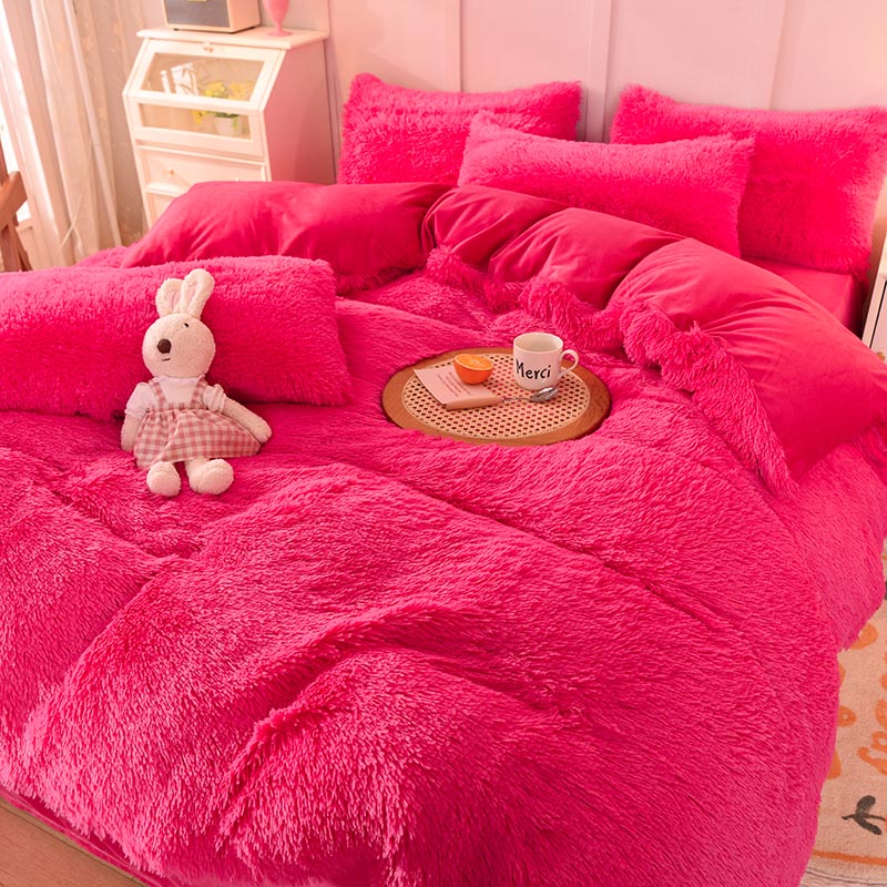 All-groups Rainbow Color Fur Velvet Fluffy Plush Soft Bedding Sheet Set for Kids Girl