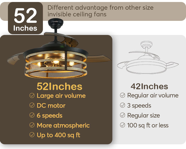 52 inches Big Airflow Retractable Ceiling Fan with Hidden Blades and Memory Function