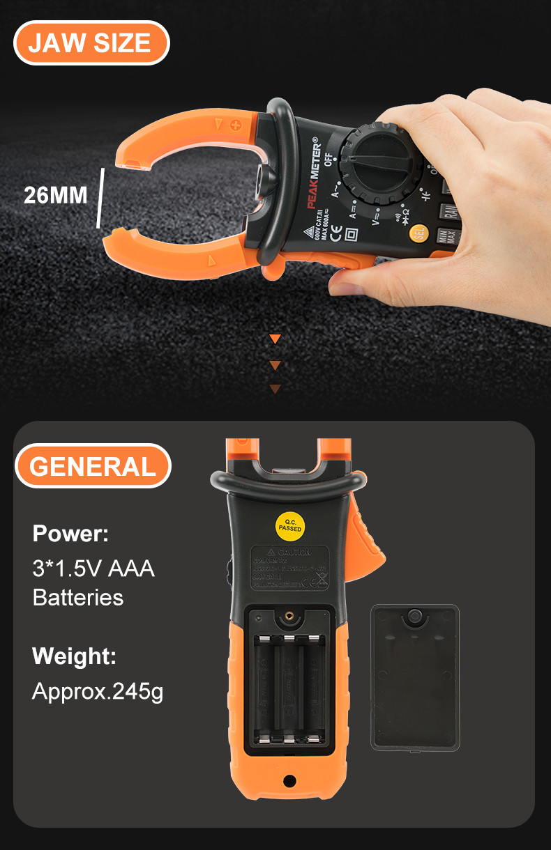 Ture RMS Portable Clamp Meter 600V AC/DC 600A AC/DC For Solar Power System