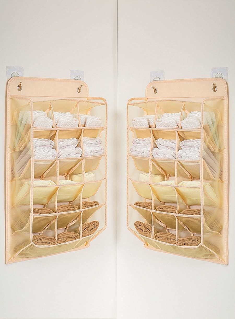 3D NEW DURABLE CLOSET HANGING ORGANIZER WITH 3D MESH POCKETS, WALL SHELF WARDROBE HANGING STORAGE BAG (BEIGE-2PACK)