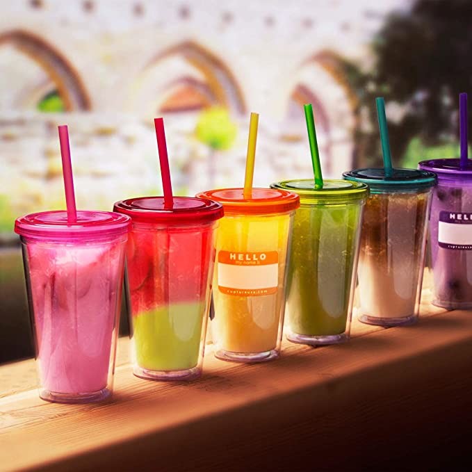450ML Transparent Double Wall Plastic Drinking Tumblers Beverage Cup With Straw And Lid