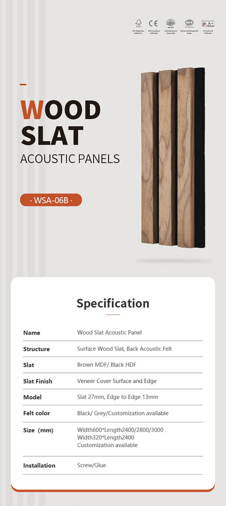 Three Side Wood Veneer Slat Wall Acoustic Panel Walnut E0 Grade 21mm Thick