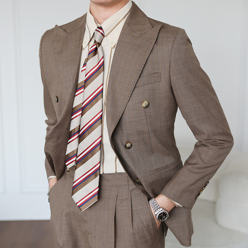 Italian Vintage Brown Suit Double Breasted Striped Jacket for Men's Professional Look