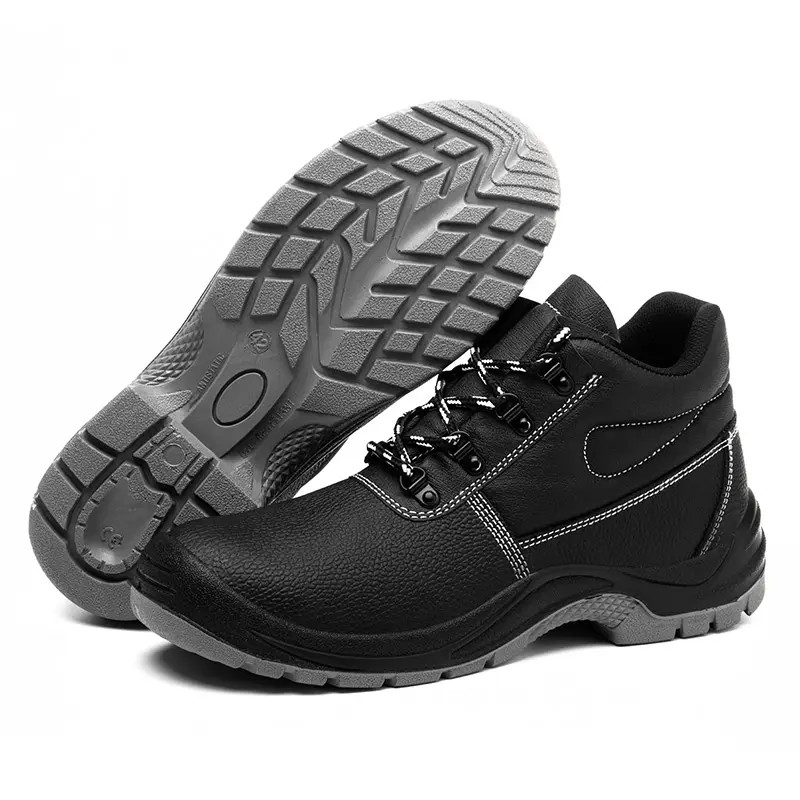 Black Genuine Leather Safety Shoes Steel Toe Work Boots Construction