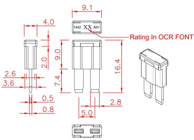 80VDC ATA Tiny Micro2 Style Automotive Blade Fuses Micro 2 Long Leg Plug In Insert Type 1