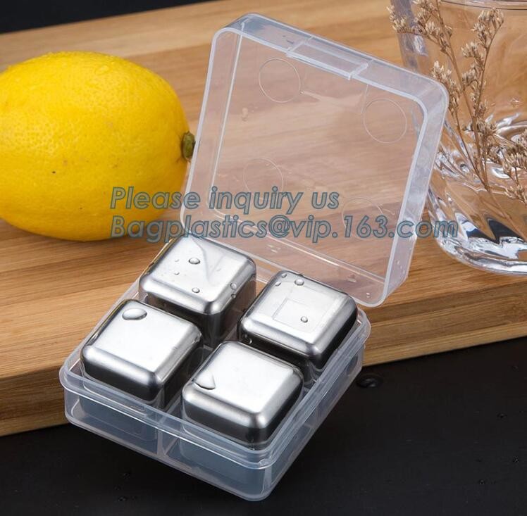 4pcs/set plastic box ice cube chilling stone set, FDA LFGB Stainless Steel Ice Cube Whisky Stone bar accessories, bageas