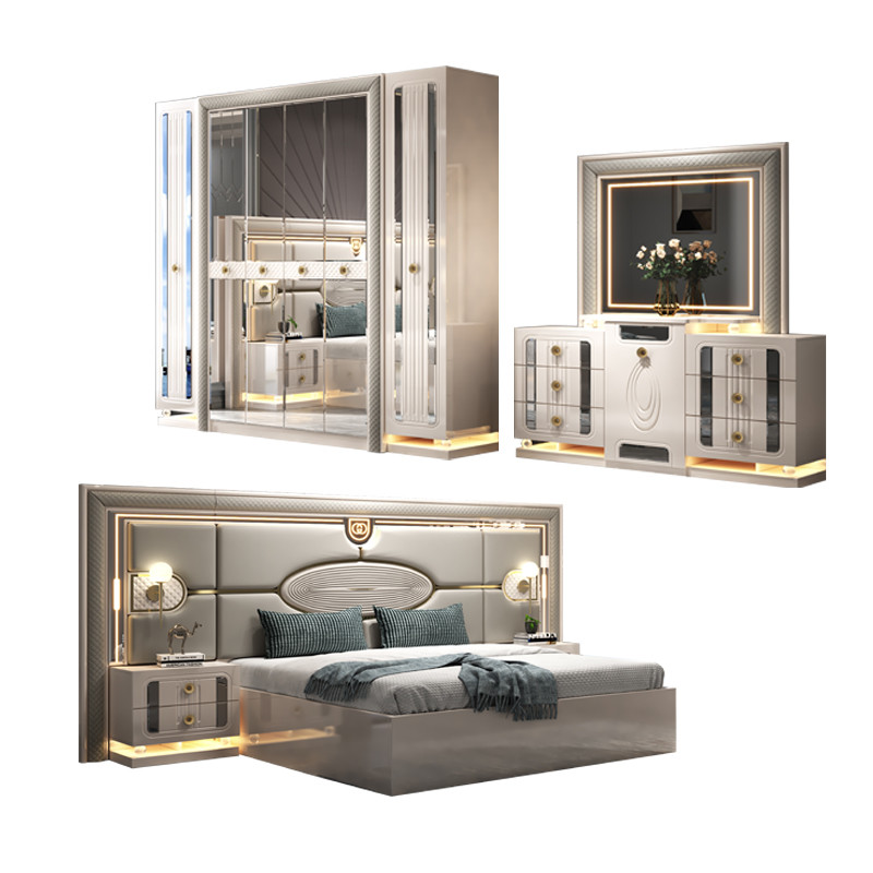 Modern Luxury Wood Frame Double King Size Bed Set Villa Home Master Room Queen Leather Wooden Mdf Full Furniture Bedroom Sets