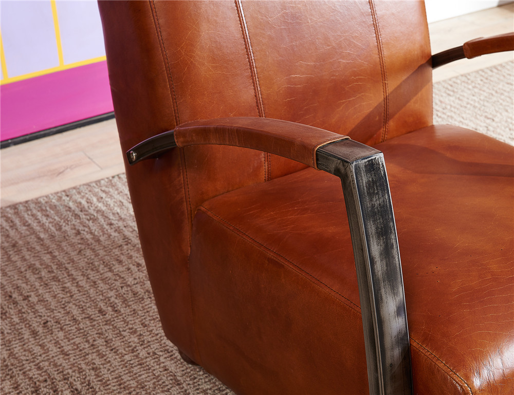 Light Brown Tan Leather Accent Chair , Leather Relaxing Chair Durable Iron Armrest