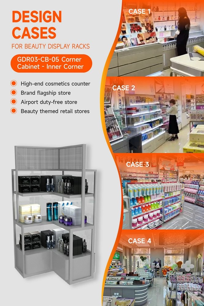 GDR03-CB-05 Inner Corner Cabinet with LED Strip Lights and Transparent Tempered Glass for Fashion Boutiques