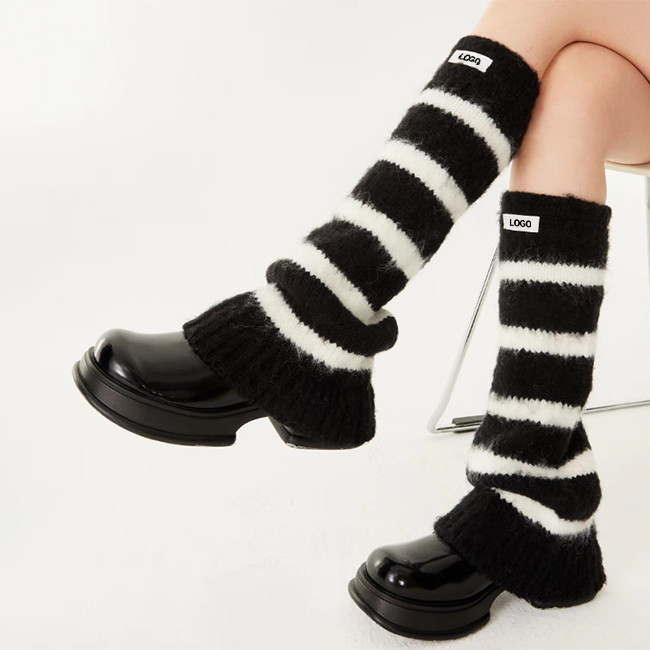 Custom Logo Women Leg Warmers Acrylic Knit Sock Sleeves With Horizontal Stripes