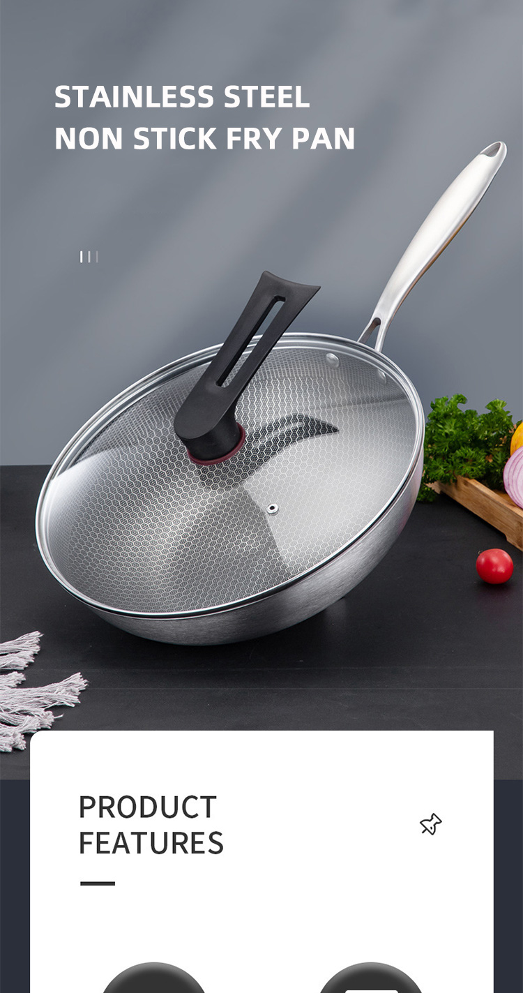 High Capacity Honeycomb Kitchen Frypan Non Stick Stainless Steel With Lid