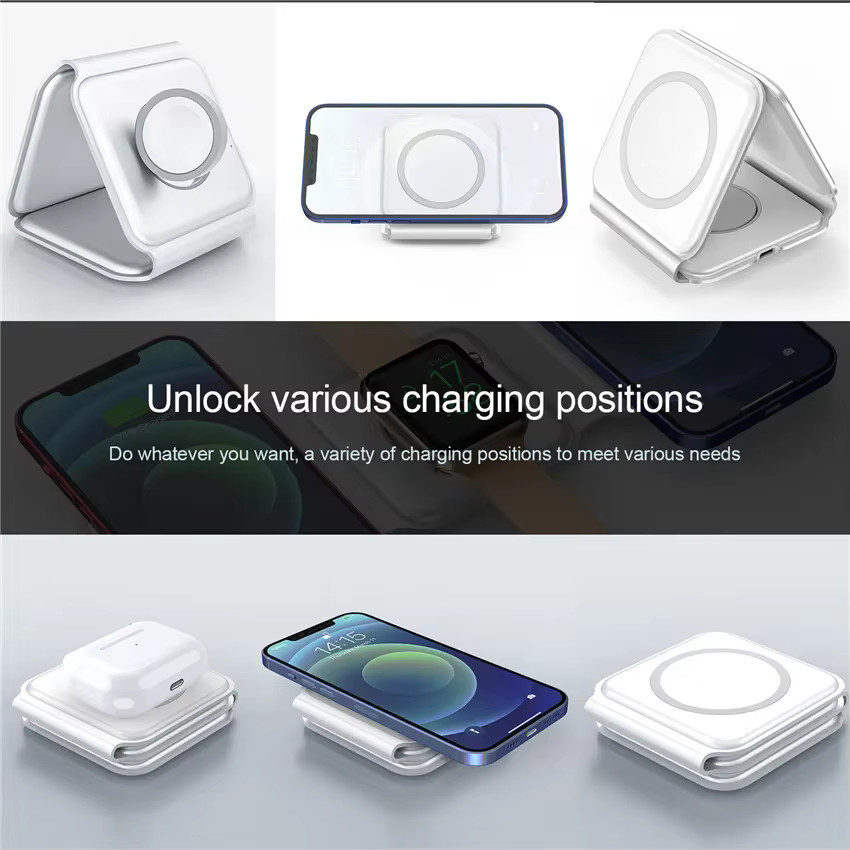 Magnetic 3 In 1 Foldable Wireless Charger iPhone 12-15 15w Fast Wireless Charging Stand Station Portable Wireless Chargers