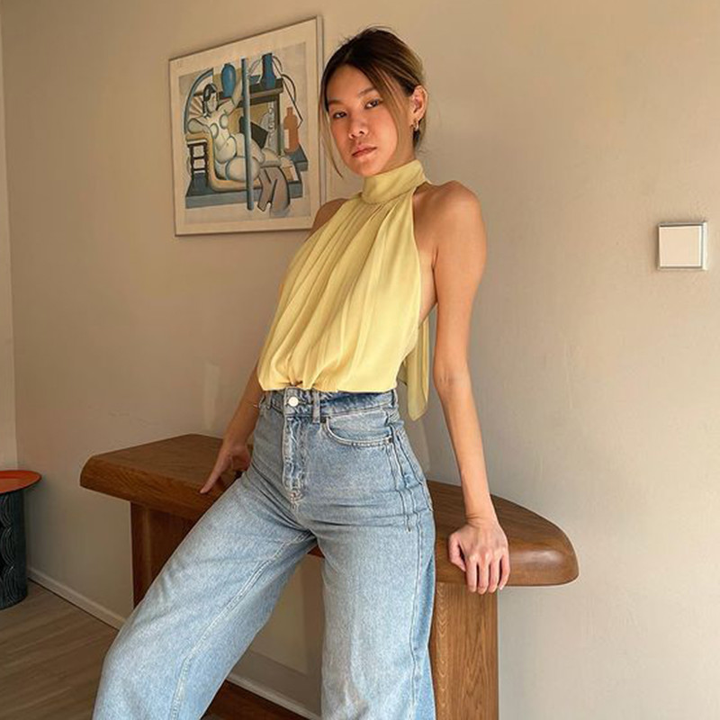 Temperament Hanging Neck Dewback Chiffon Pure Color Blouse Woman