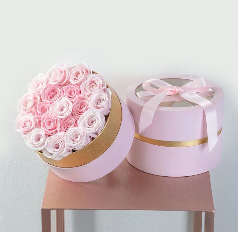 Round Bouquet Corrugated Cardboard Packaging Rose Flower Bucket Boxes Gold Window Opening