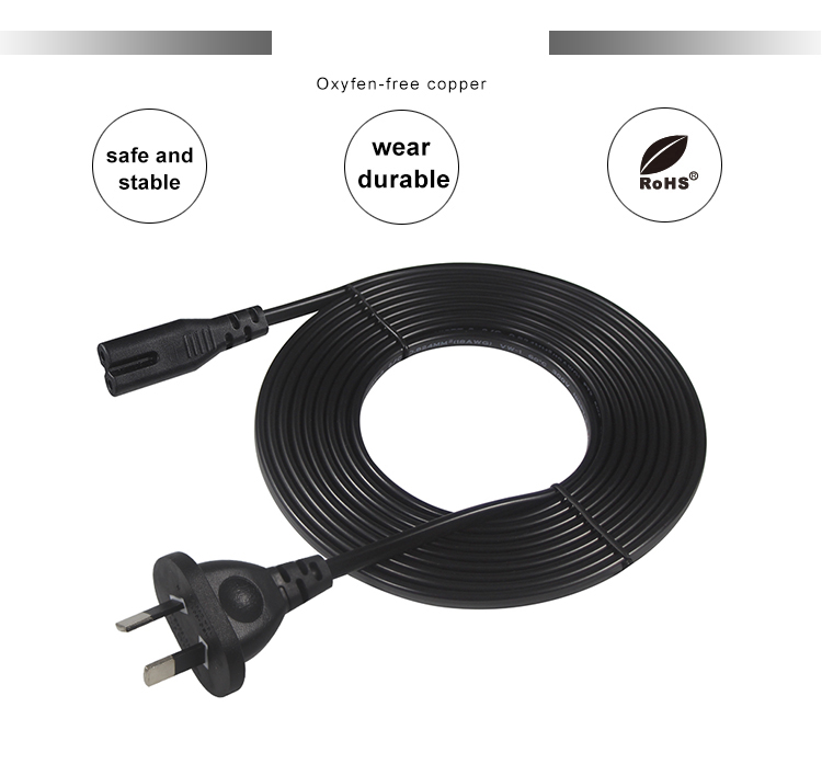 2m SAA Iec Plug H03vvh2f 2X075mm2 Australian 2 Prong Figure 8 Ac Cable End Extension Angle C7 Connector Power Cord