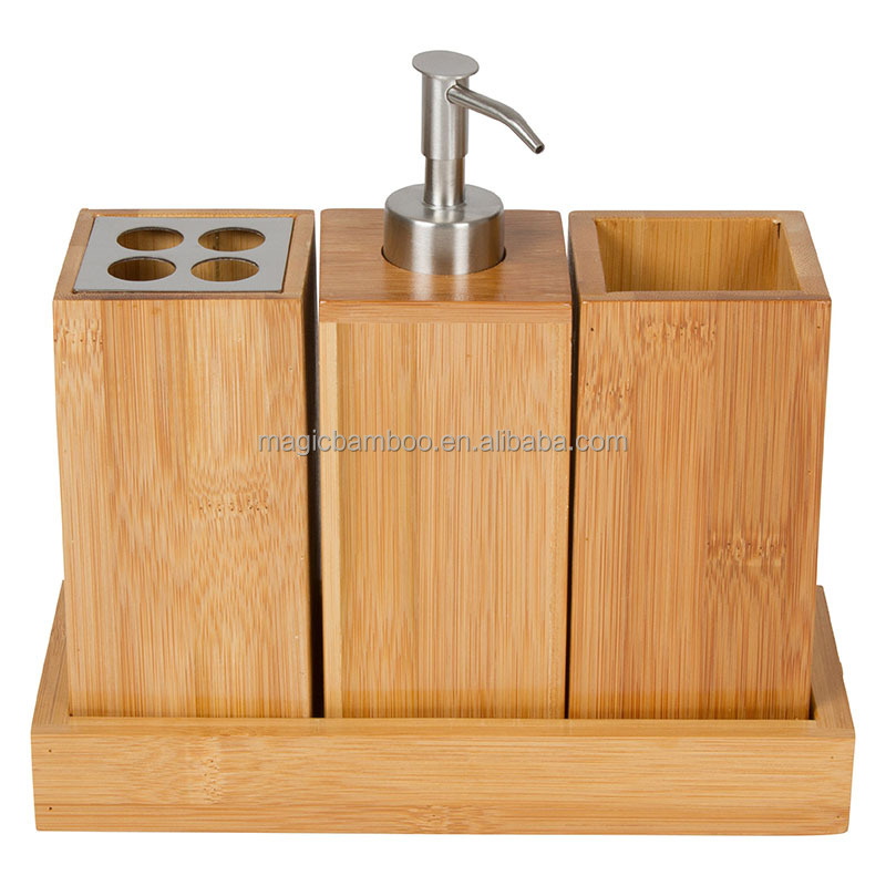 100% Natural Bamboo Sustainable Toothbrush Holder Cup Soap Dispenser Bath Set