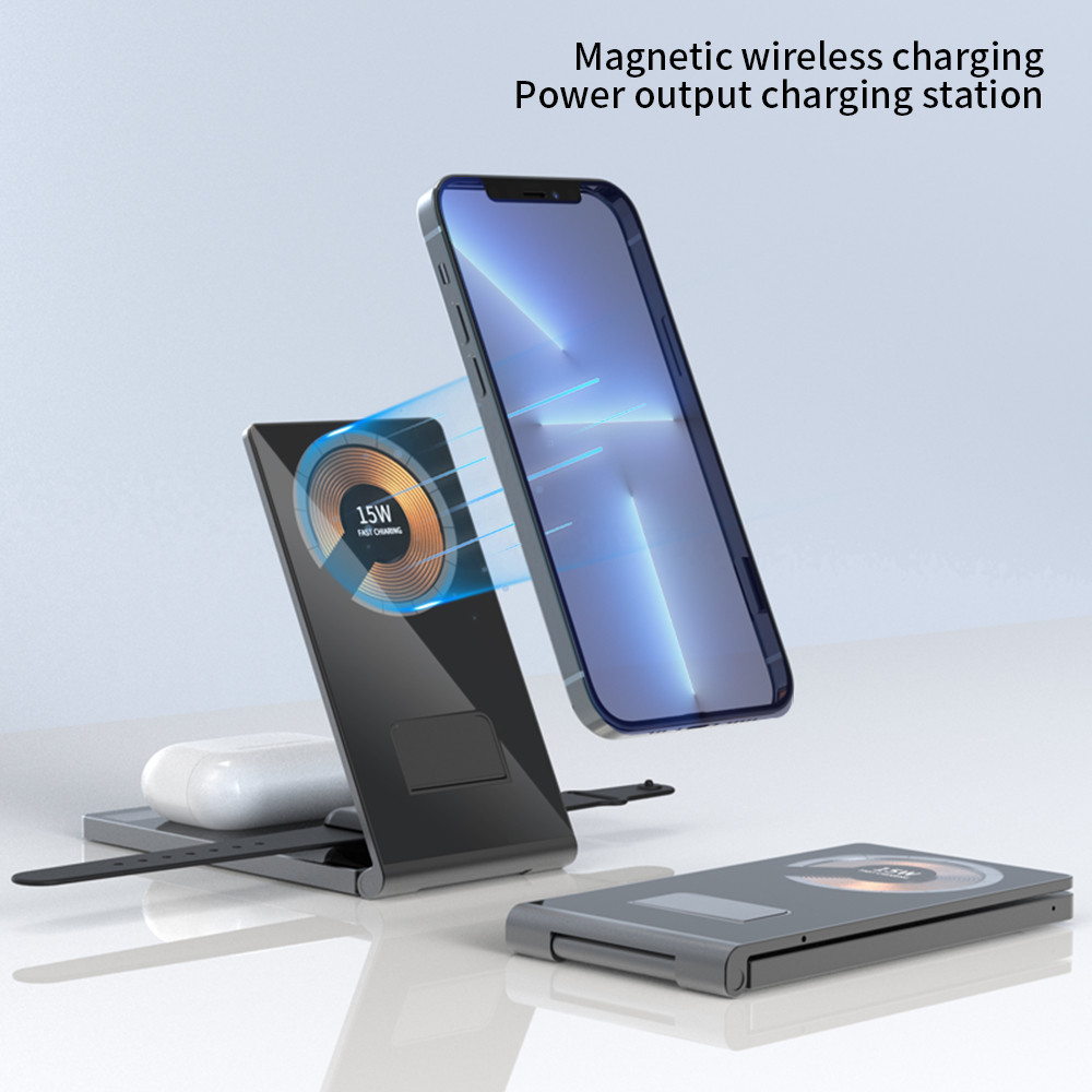 Magnetic Foldable Wireless Charger Stand 4In1 15w With Tempered Glass Face