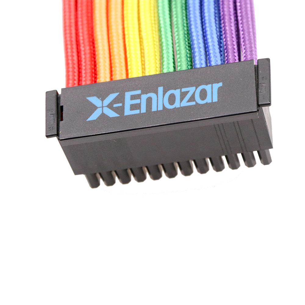 24pin 90 Degree Sleeved Braided ATX Computer Extension Kable Female to Male Extension Cable 18AWG Power Supply Cables Rainbow
