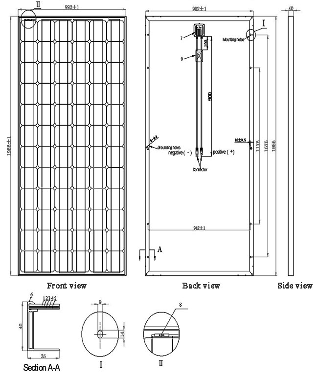 325W-330W-335W-340W-36V solar panel assembly size chart