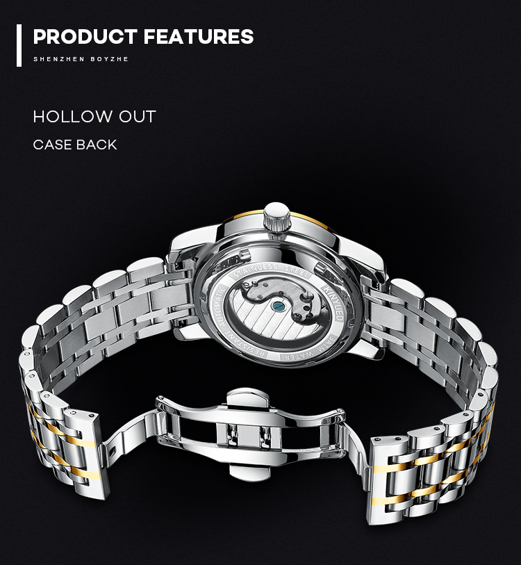 Modern Business Stainless Steel Skeleton Watch Hollow Out Case Back