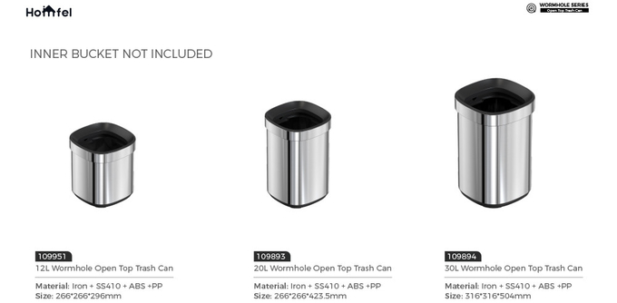 Stylish Rectangular Stainless Steel Open Top Trash Can Without Lid for Household Storage Bucket 8L/12L/20L/30L