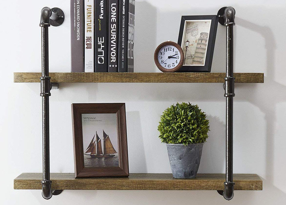 Rustic Wall Mounted Metal Hung Bracket Diy Storage Shelving Floating Industrial Pipe Bookshelf With Wood