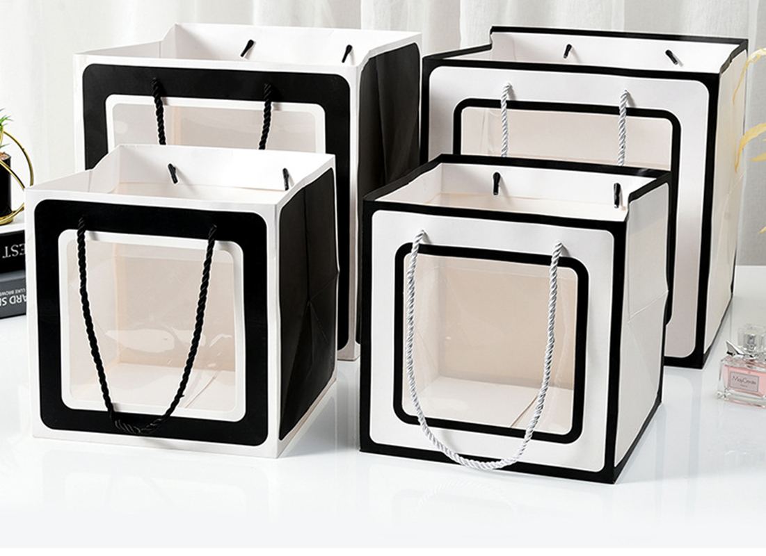 Other Gift Craft Square Paper Bag with PVC Plastic Window and Customized Design