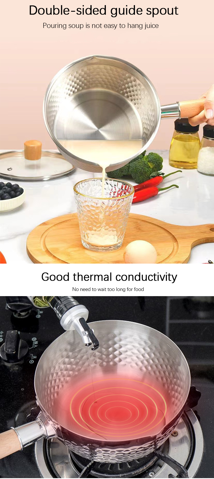Modern Design Kitchen Sauce Pans 18/8 Stainless Steel With Wooden Handle