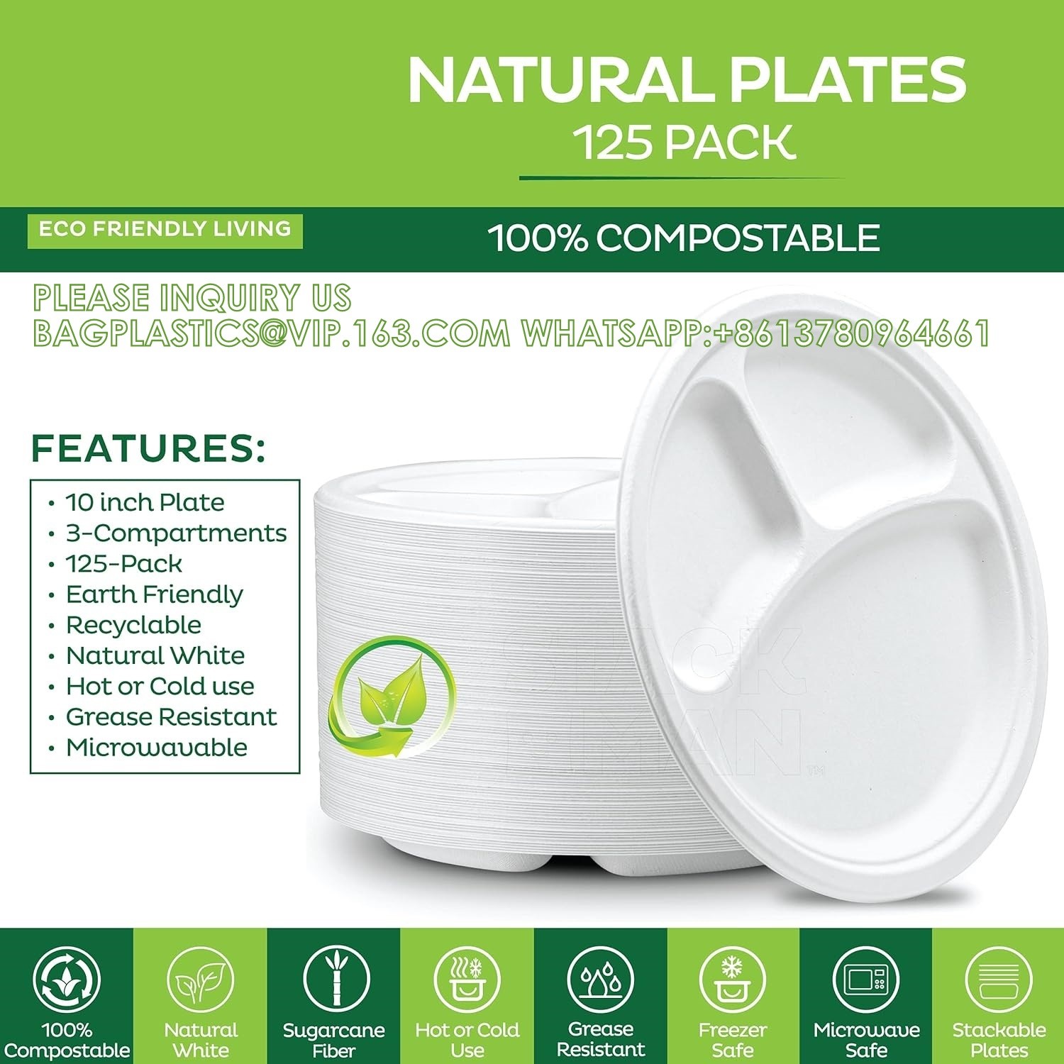 Compostable Disposable Paper Plates 10 Inch Heavy Duty, Eco-Friendly 9" Natural Disposable Paper Plates 3 Compartment