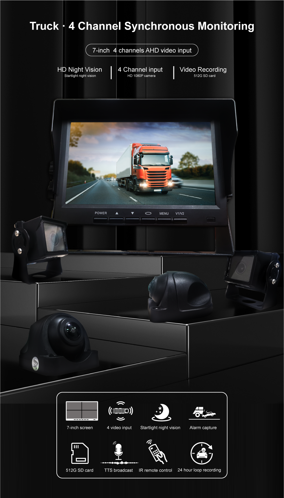 512GB SD Card Storage 7 Inch Reversing Camera System With 4 HD Cameras And MDVR Kit