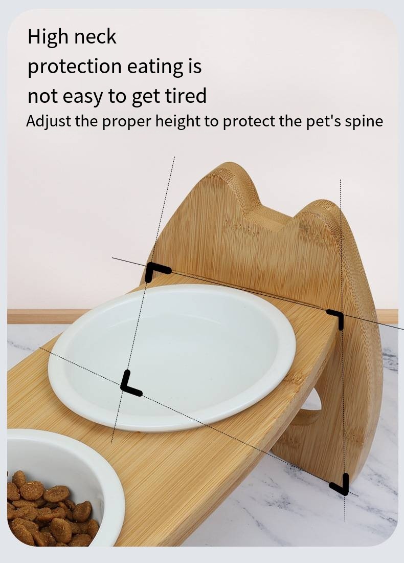 Bamboo Ceramic Bowl Cat Food Rack With Adjustable Height Double Pet Bowl Pet Supplies