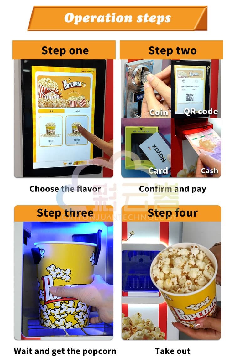 24/7 Automatic Vending Popcorn Machine 2 Minutes Dispensing Electric Power Source