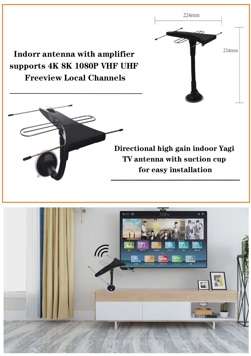 High Gain 75 Ohm Fm Uhf Vhf Dvbt2 Digital Vhf Yagi Outdoor Indoor Digital HDTV Antenna