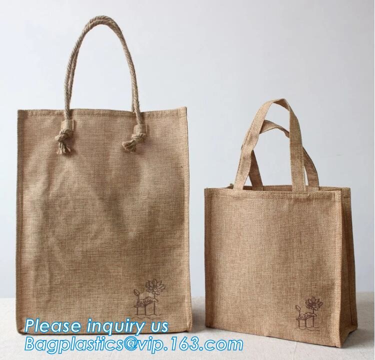 Natural Burlap Tote Shopping Bags Reusable Jute Bags with Full Gusset with Handles Laminated Interior tote shopper pack