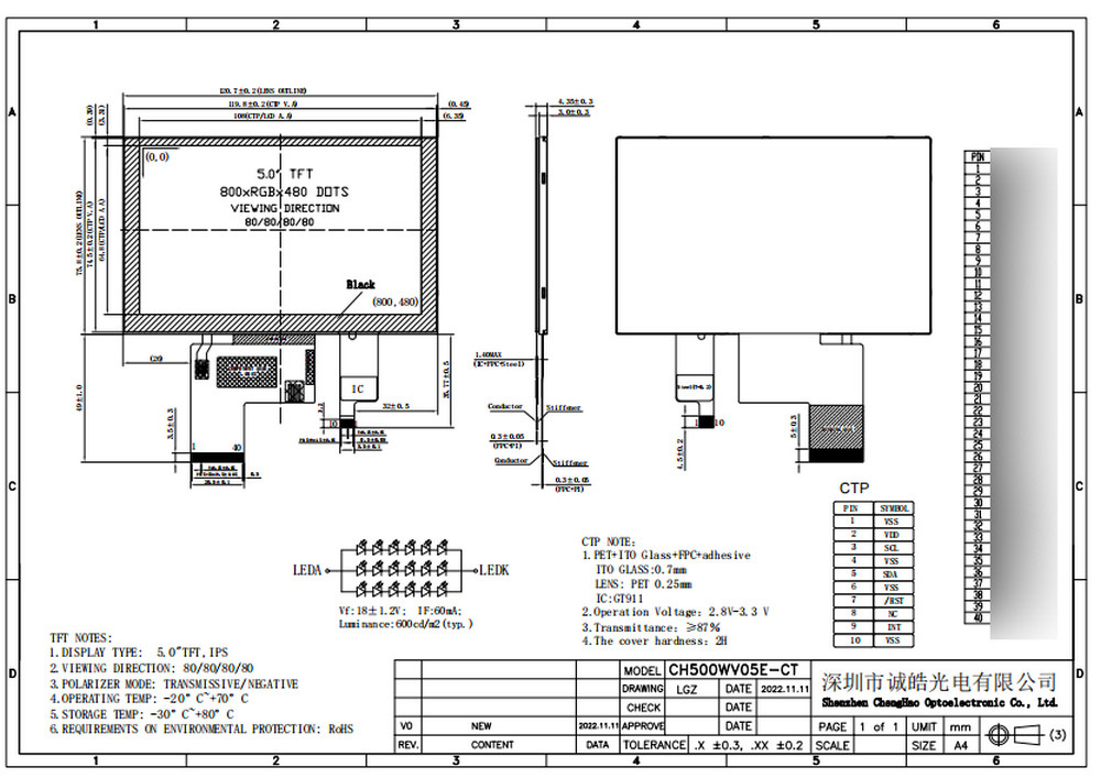 800*480 Capacitive TFT LCD Display 5.0 Inch 40pin Free Viewing Angle