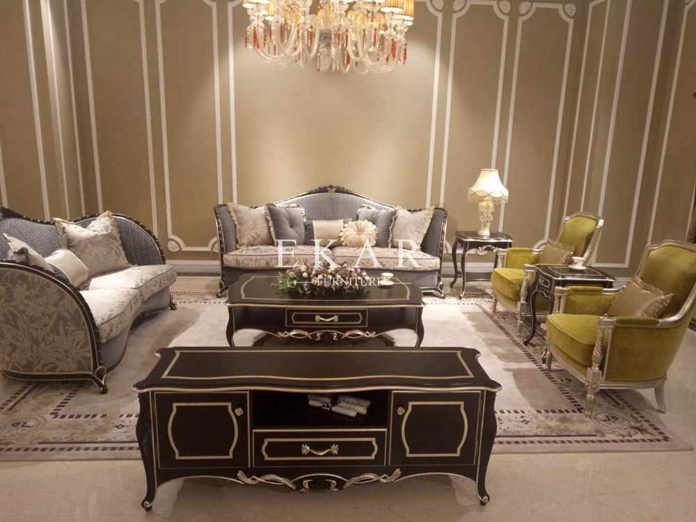Carving Frame Royal Furniture Set Couch Wood And Fabric Sofa
