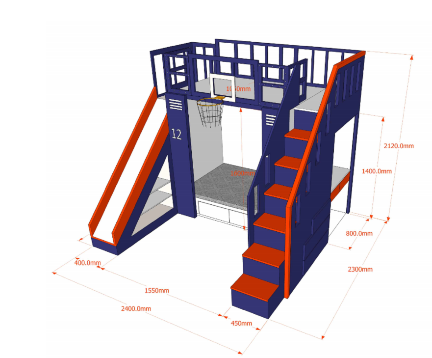 Customized Safe Children Furniture Solid Wood and MDF Bunk Bed for Kids Bed Blue for Boy with Basketball Hoop and Slide
