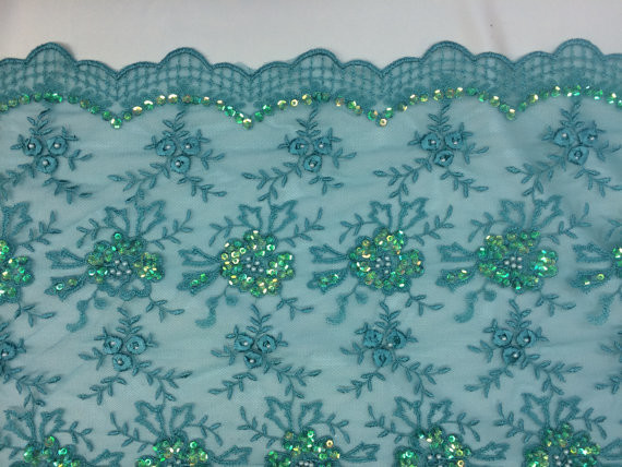 Green Scalloped Beaded Lace Fabric By The Yard For Wedding Bridals / Gowns