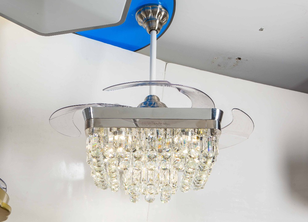 Contemporary 110v 110W Retractable Blade Ceiling Fan Chandelier Santi Nickle Color