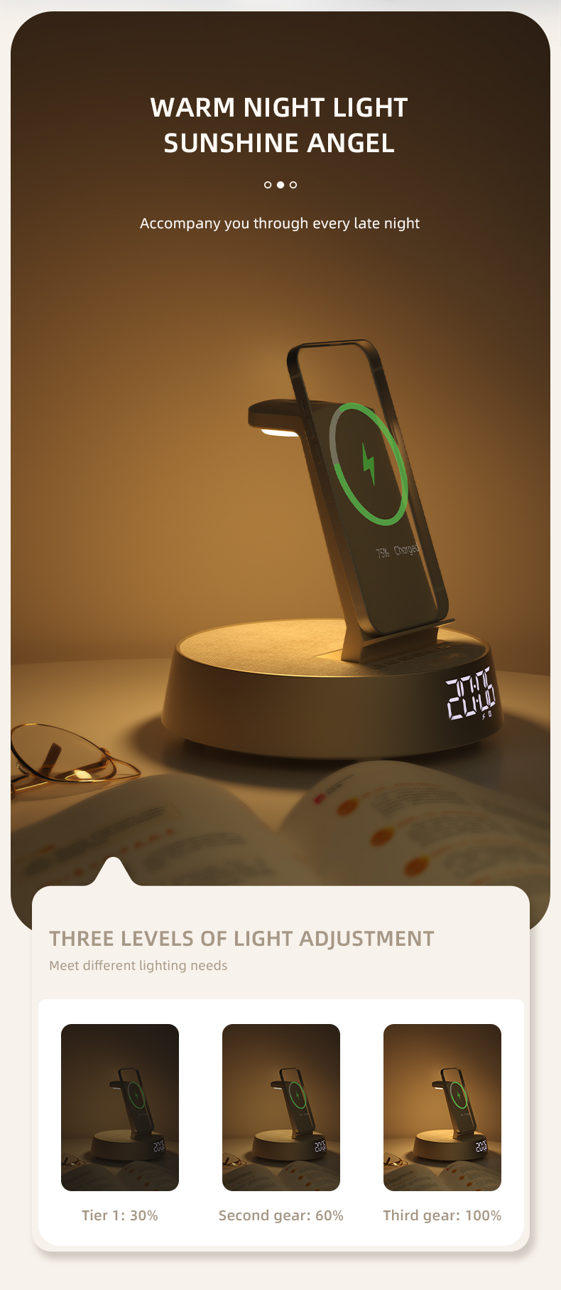 15W Fast Wireless Charger and Multi-Function Alarm Clock 6-in-1 for Mobile Phone