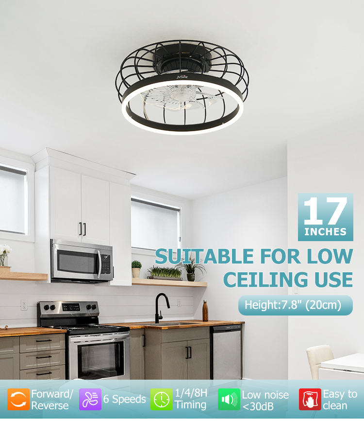 1stshine LED Modern Design Black Flush Mount Ceiling Fan with Remote Control Switch