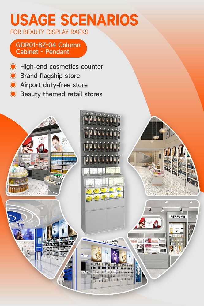 GDR01-BZ-04 Retail Display Column with Grey Melamine and 40 Adjustable Hooks for Cosmetics Retail